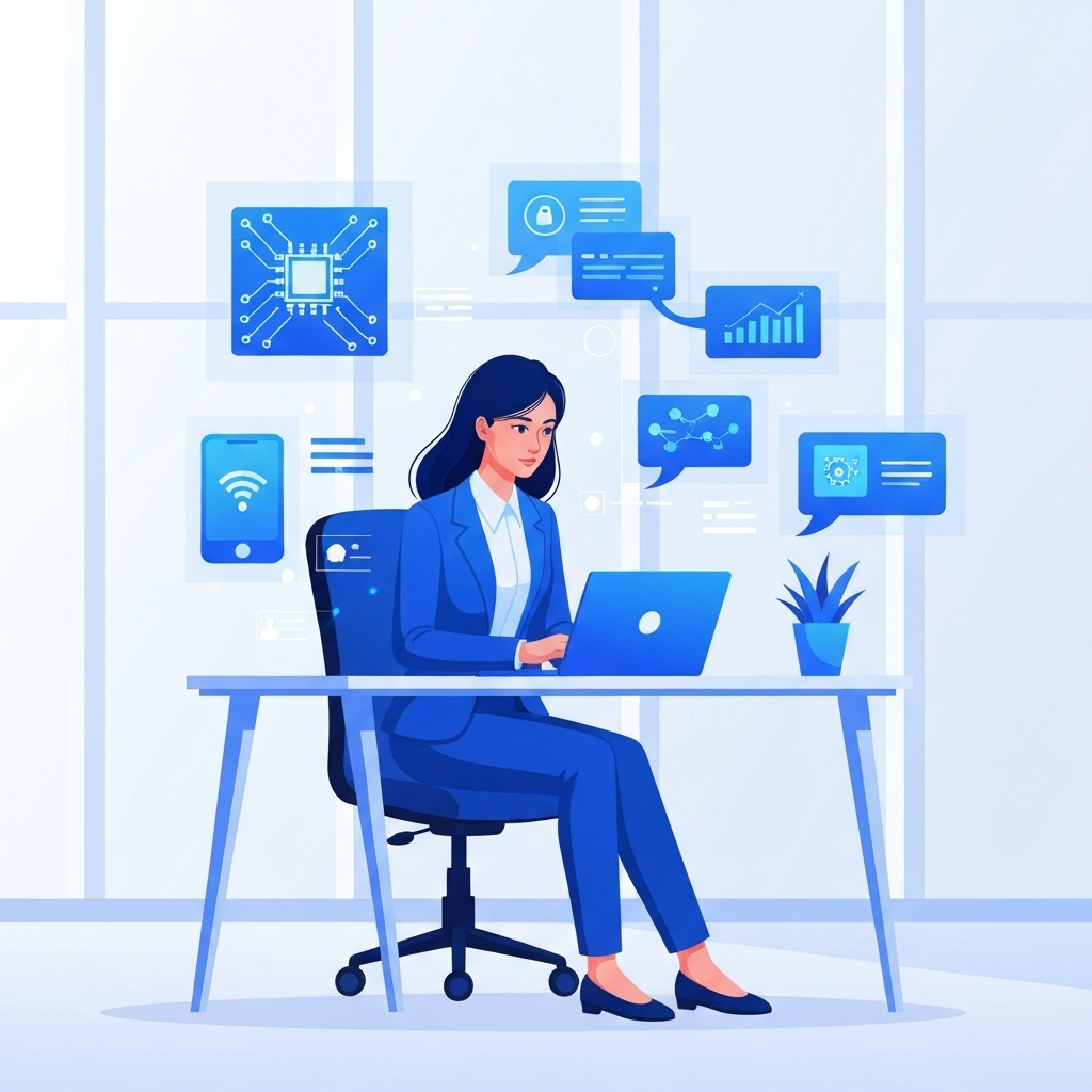 Professional person working at desk with laptop and IT service icons